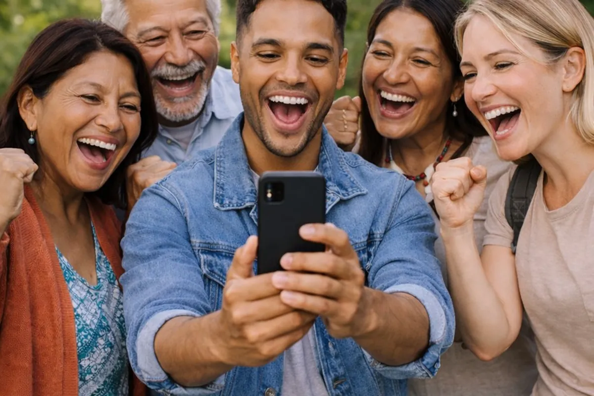 Families smiling together around a phone